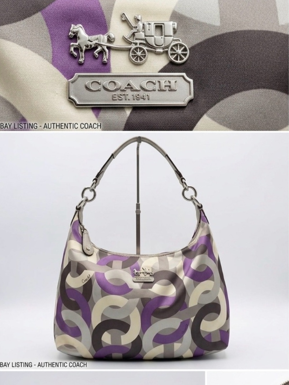 Authentic Coach-Madison Op-Art Sateen Hailey Hobo Bag Purp Gry Crm 14291 Y2K